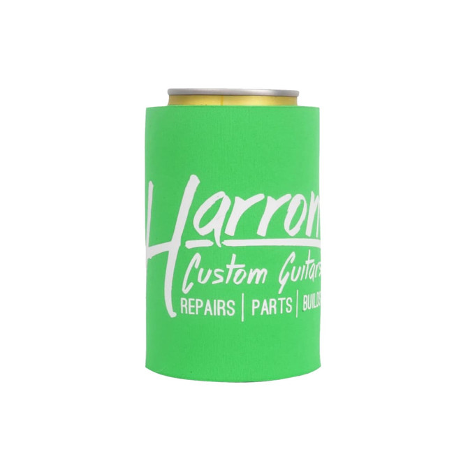 A drink bottle stubby holder in vibrant green with a logo printed on it.
