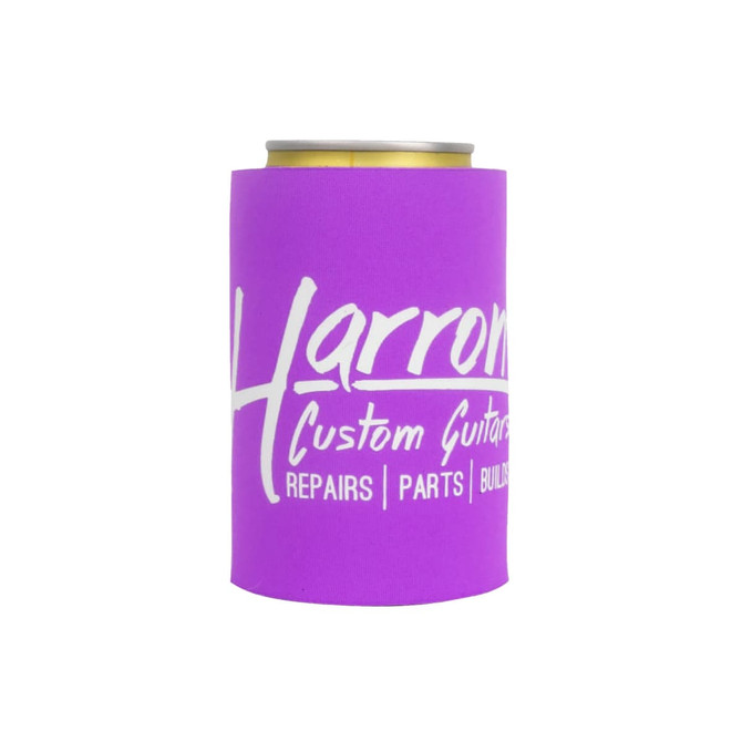 A drink bottle stubby holder in vibrant purple with a logo printed on the side.