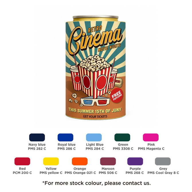 A drink bottle stubby holder featuring a retro cinema design with popcorn and striped cups in various colours.