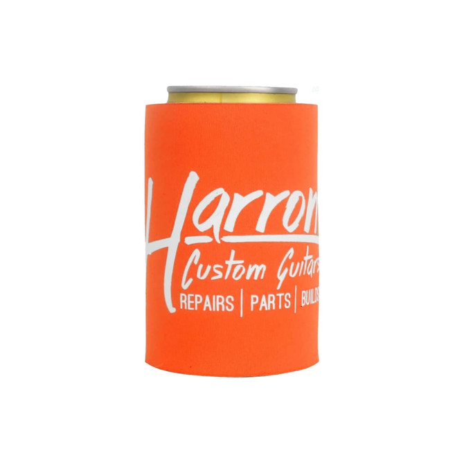An orange stubby holder with a logo, designed to fit a drink can or bottle.
