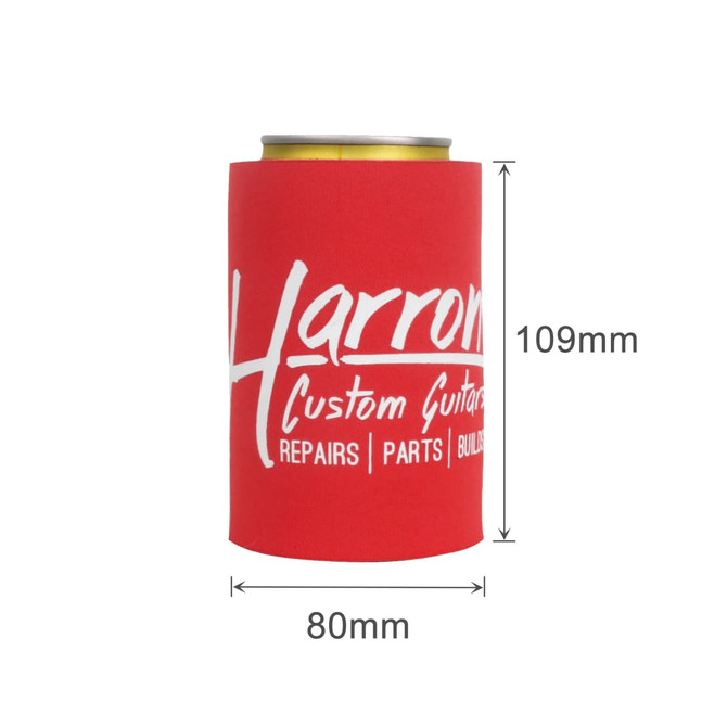 A red stubby holder featuring a logo, designed to fit standard drink cans.