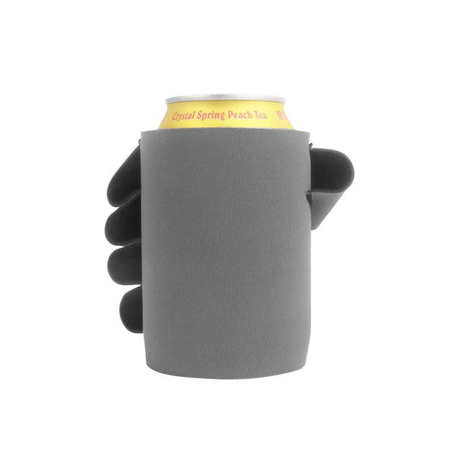 A drink bottle is held by a grey stubby holder featuring a hand design. The holder has a logo on it.