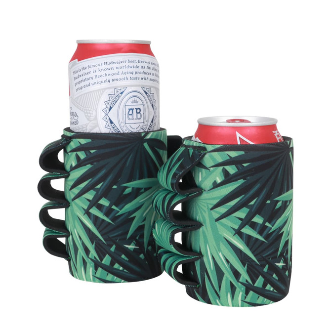 A drink bottle holder featuring palm leaf designs in green and black, designed to fit two cans.