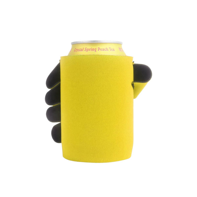 A yellow stubby holder shaped like a hand, designed to fit around a drink can. It has a logo on it.