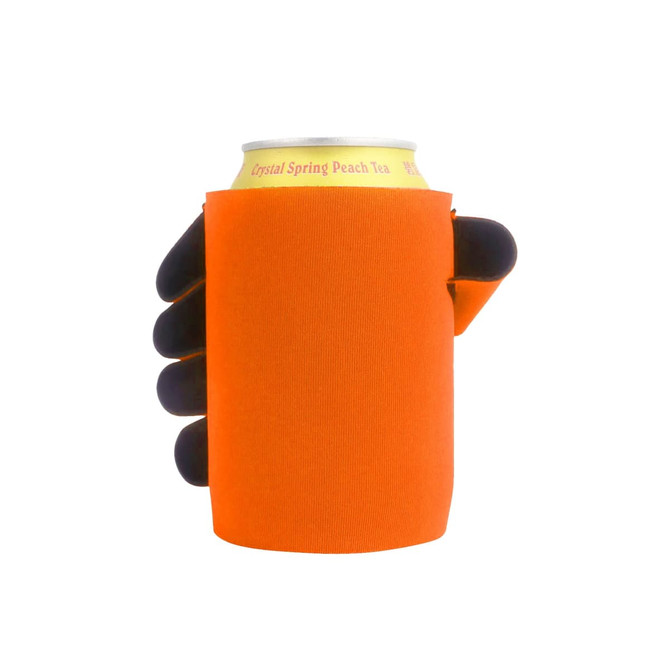 An orange stubby holder designed to fit around a drink can, featuring a hand-shaped grip.