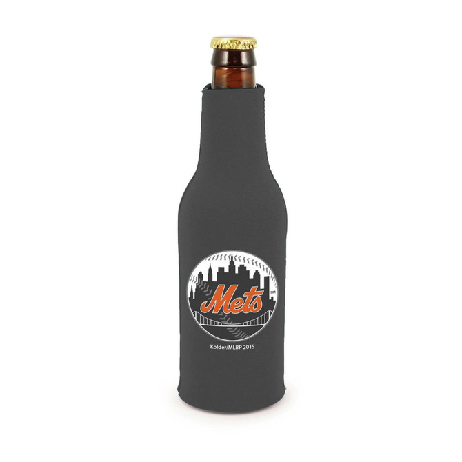 A drink bottle cooler in black with a logo, designed to fit standard-sized bottles.