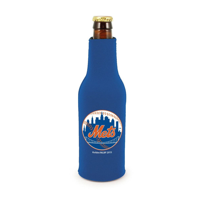 A drink bottle is encased in a blue zippered cooler with a circular logo featuring a city skyline and a baseball.