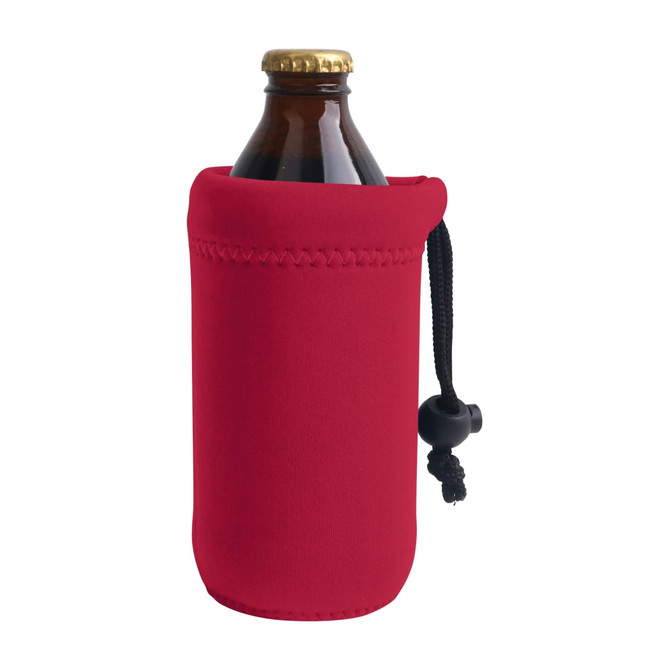 A drink bottle holder in bright red, featuring a pull cord and stitched detailing.