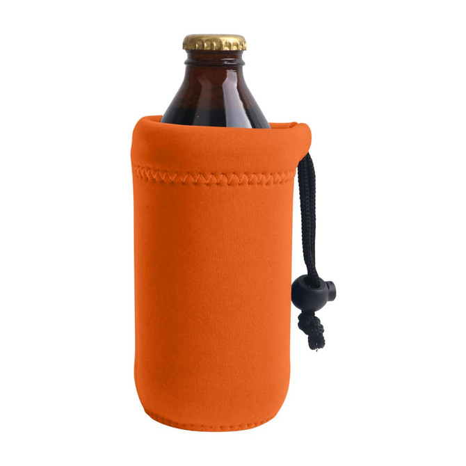 An orange bottle holder encasing a glass bottle, featuring a drawstring closure.