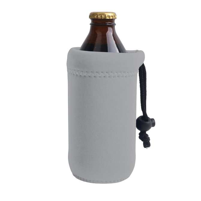 A drink bottle holder in light grey, featuring a drawstring closure and a logo on the side.