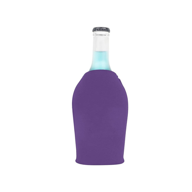 A drink bottle cooler in vibrant purple with a zipper, designed to fit standard drink bottles.