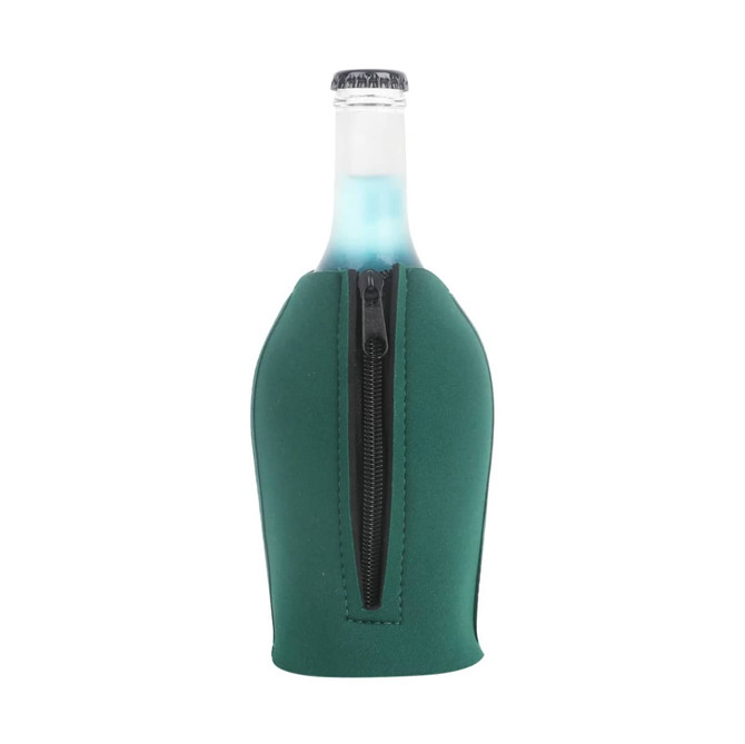 A green drink bottle cooler with a zipper, designed to hold a standard bottle securely.