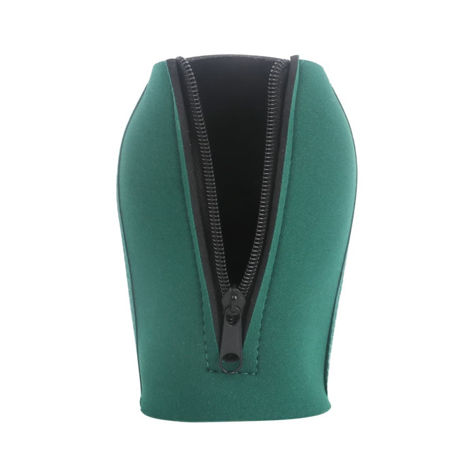 A drink bottle cooler in green with a zipper design for insulation. The cooler features a black interior and stitching.