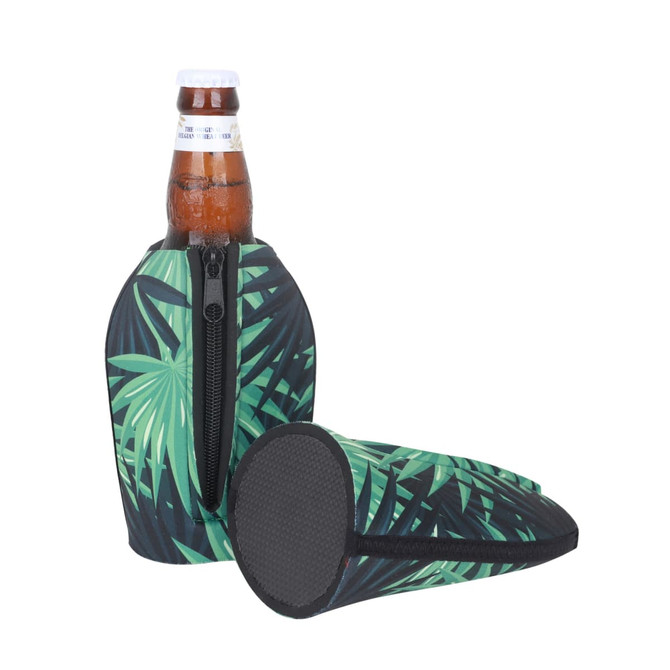A drink bottle cooler with a zipper featuring a green palm leaf design and a black base. It includes a logo.