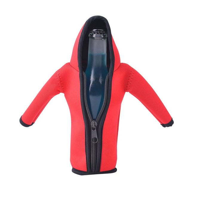 A drink bottle dressed in a red hooded cooler with black accents and a zipper. The product features a logo.