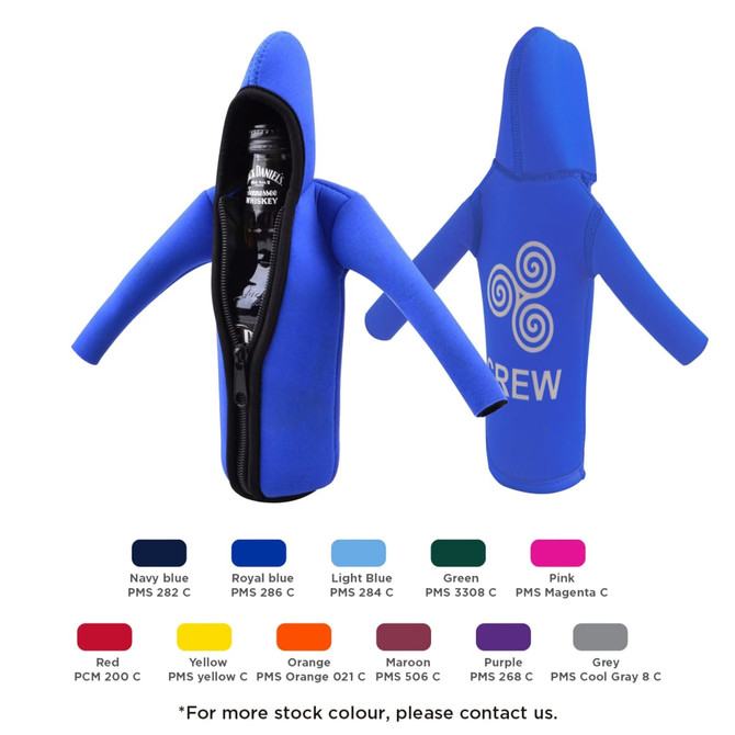 A drink bottle cooler in royal blue, resembling a small hoodie, with a zip and a logo.