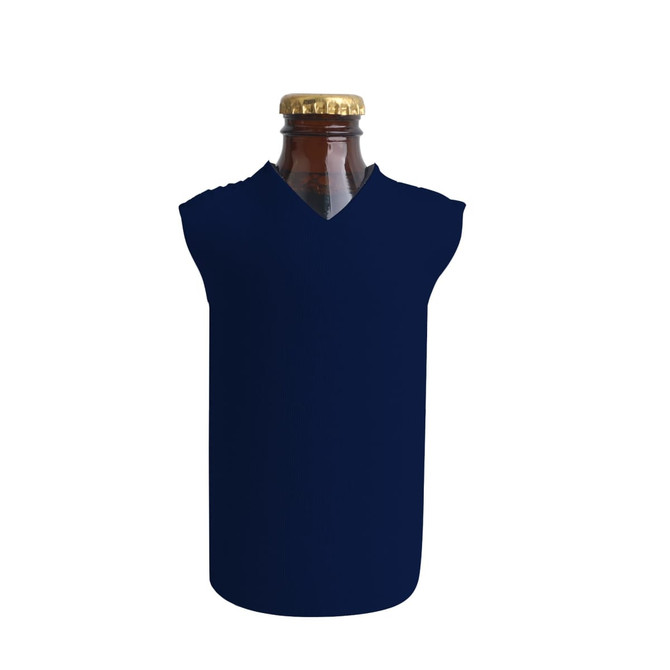 A drink bottle cooler in navy blue with a V-neck design, featuring a bottle cap at the top.
