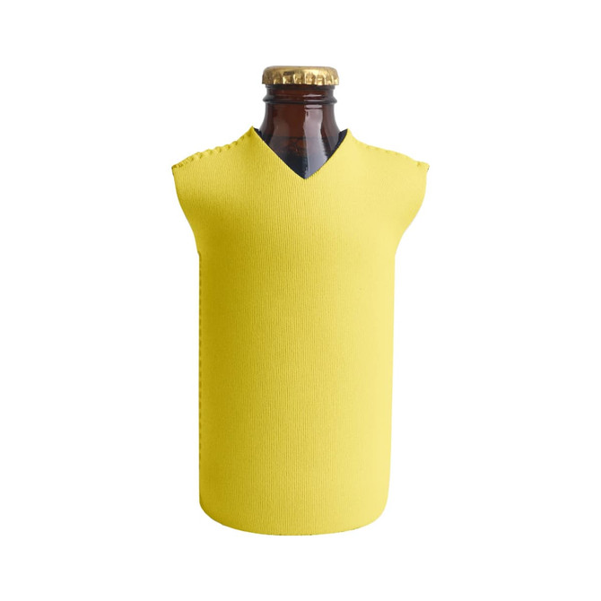 A drink bottle cooler in bright yellow, designed with a v-neck shape, featuring a bottle inside.
