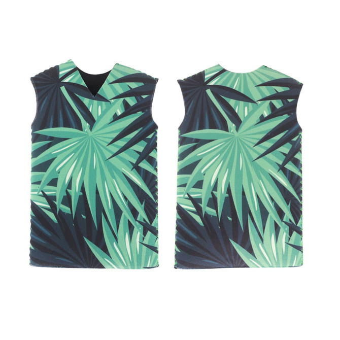 A drink bottle cooler featuring a green tropical leaf design with a sleeveless shape and a black interior.