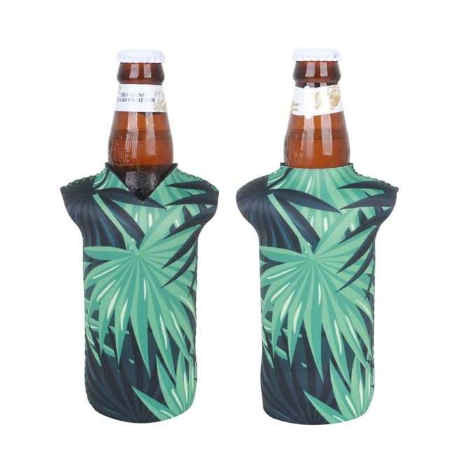 A drink bottle cooler with a tropical leaf design in green and black, featuring two bottle openings and a logo.