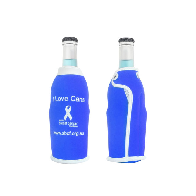 A drink bottle cooler in blue featuring a logo and a design that reads "I Love Cans."