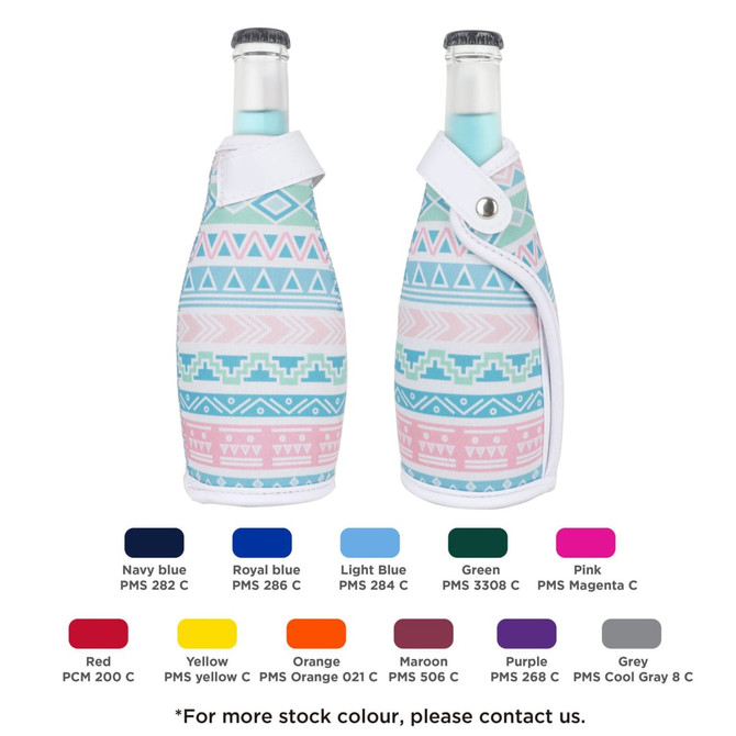 A drink bottle is wrapped in a pastel patterned cooler with shades of pink, blue, and white, featuring a logo.