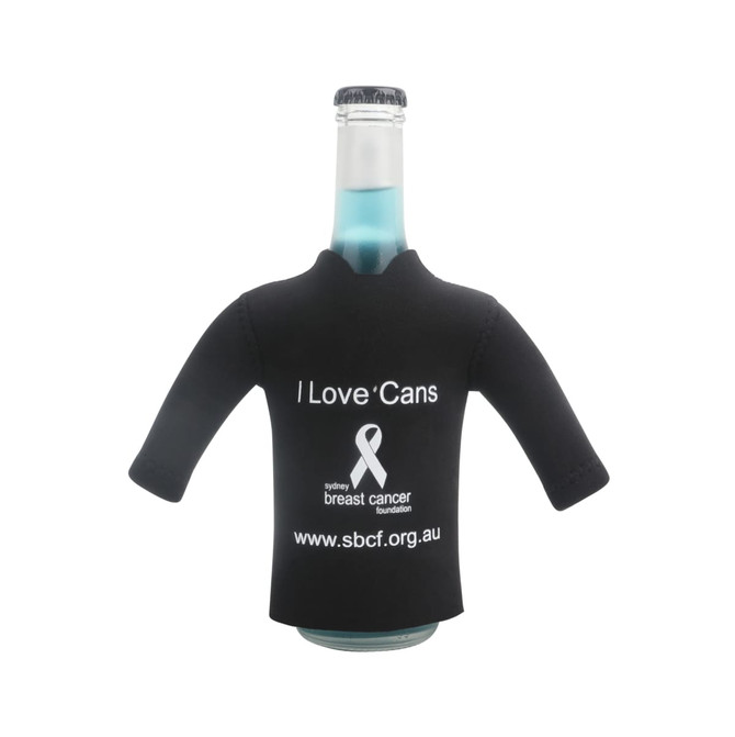 A drink bottle dressed in a black long sleeve cooler featuring a logo and text.