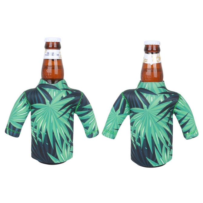 A drink bottle cooler in green with a palm leaf pattern, featuring long sleeves. It has a logo on it.