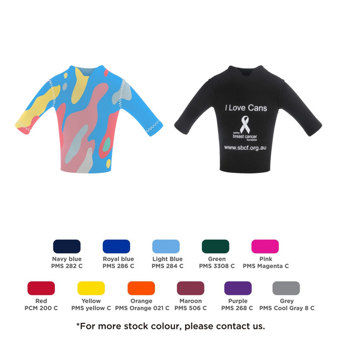 A drink bottle cooler in vibrant blue, pink, and abstract designs, featuring long sleeves and a visible logo.