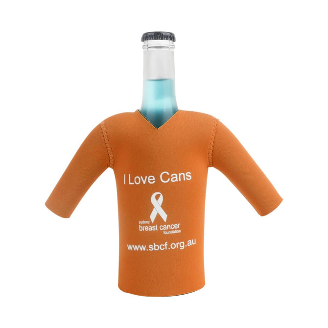 A drink bottle cooler in an orange cricket jersey design with short sleeves and a logo.