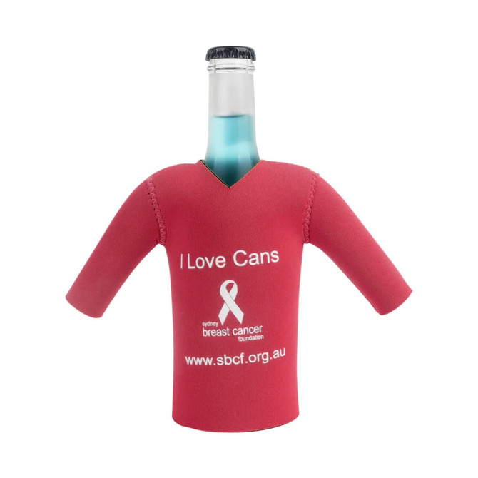 A drink bottle with a red cricket jersey cooler featuring short sleeves and a logo.