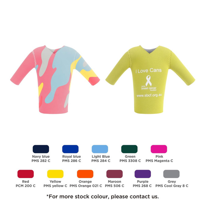 A drink bottle cooler featuring a colourful design with various shades, including pink, blue, and green. It has a logo.