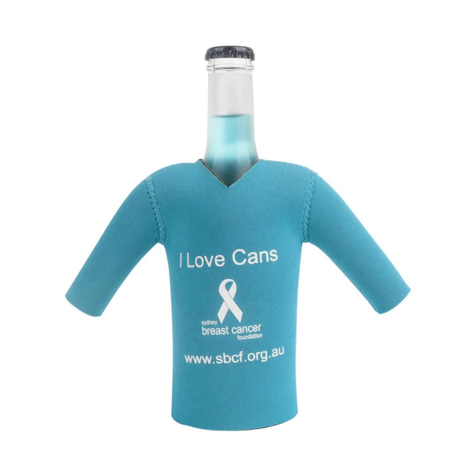 A drink bottle cooler in teal resembling a cricket jersey, featuring short sleeves and a logo.