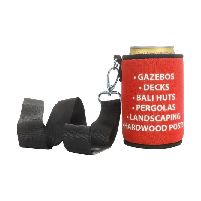 A drink bottle stubby holder in red, featuring a logo and accompanied by a black strap for attachment.