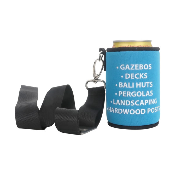 A drink bottle stubby holder in blue, featuring a keychain, with a can inside and text listings.