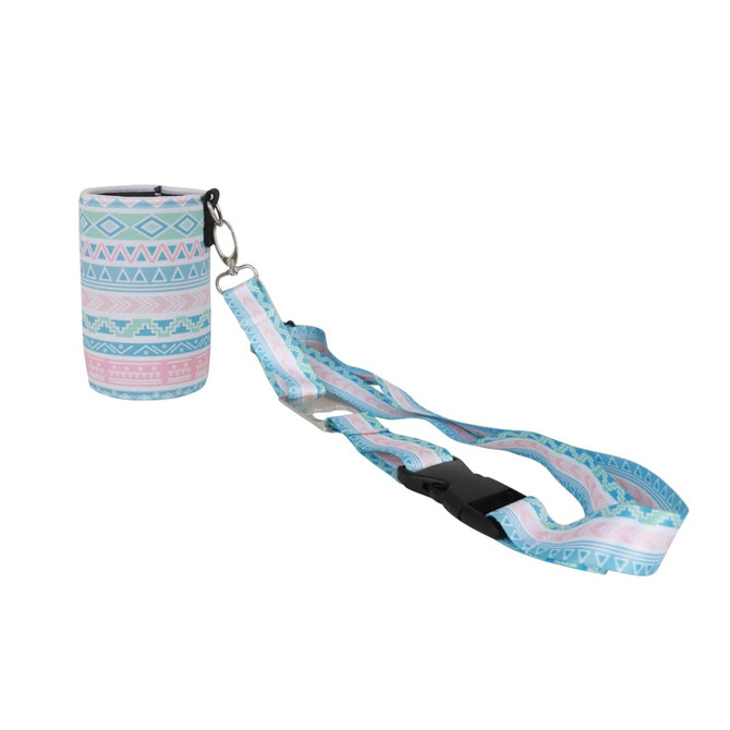 A drink bottle holder in pastel colours with a patterned design and a detachable strap. It includes a bottle opener.