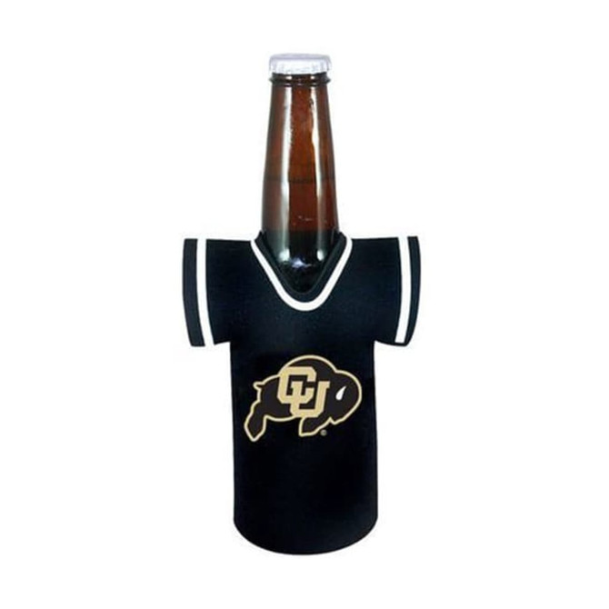 A drink bottle is wrapped in a black jersey-style stubby cooler with a logo. The cooler has white trim.
