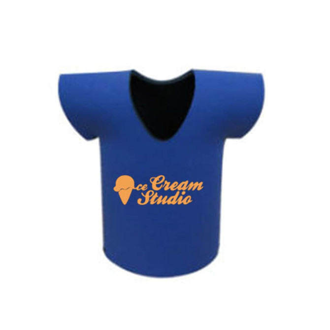 A blue jersey-style stubby cooler with a V-neck design. It has a logo on the front.