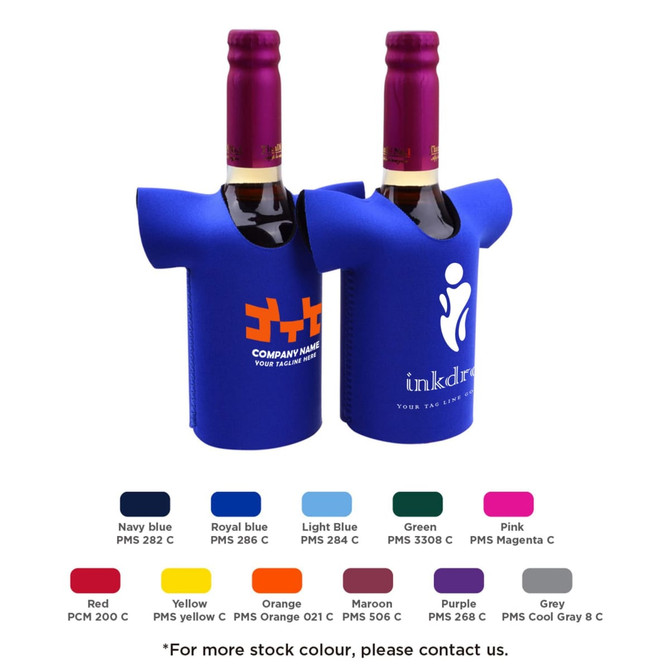 A drink bottle cooler in blue, designed to hold two bottles. It features a logo on one side.