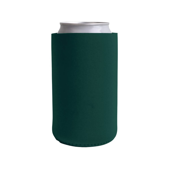 A drink bottle holder in dark green, designed to fit around a can, featuring a logo.