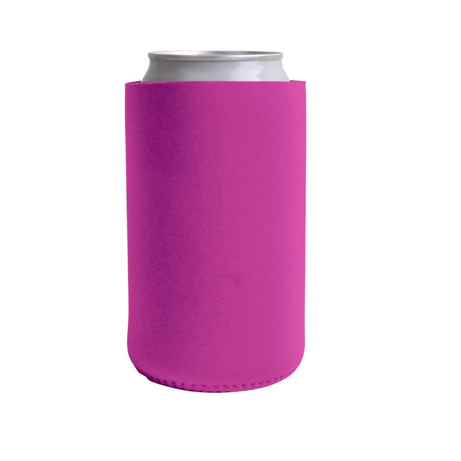 A drink bottle holder in a vibrant pink colour, designed to fit standard cans, featuring a smooth surface.