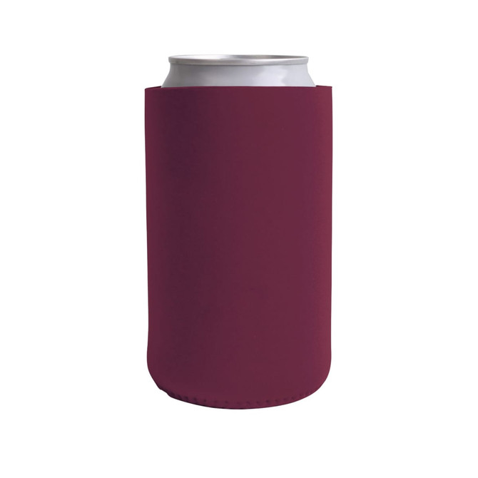 A drink bottle holder in a deep burgundy colour, designed to fit standard cans. It features a branding logo.