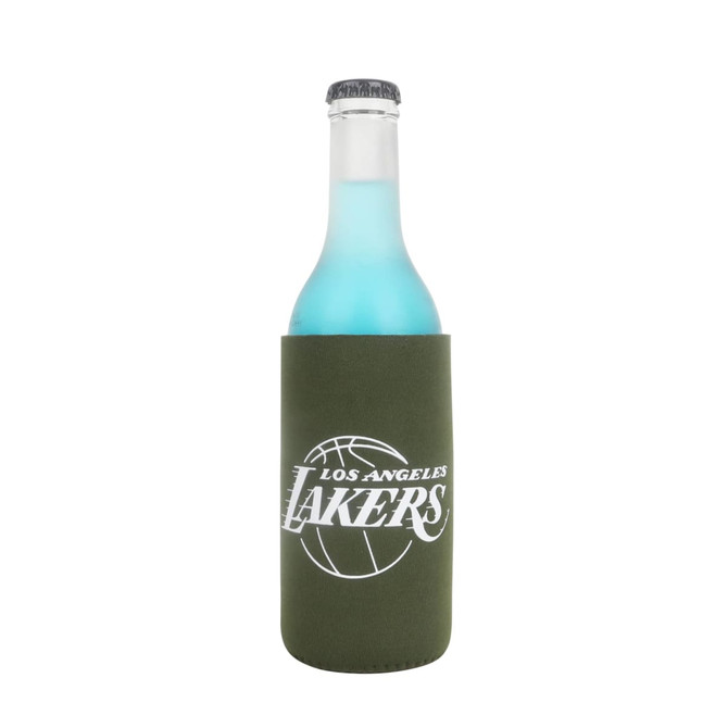 A drink bottle with a green skinny stubby holder featuring a logo and a light blue beverage inside.