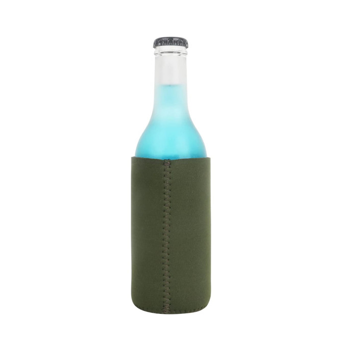A drink bottle in a green skinny stubby holder, featuring a logo. The bottle contains a light blue beverage.