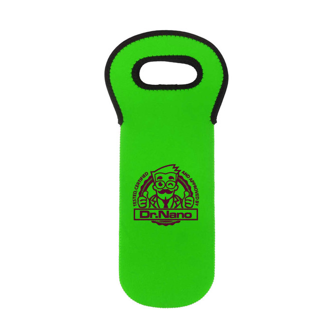A drink bottle cooler in bright green, featuring a handle and a logo printed on the front.