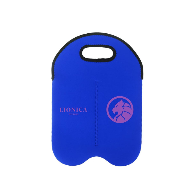 A drink bottle cooler in vibrant blue, featuring a handle and a logo on one side.