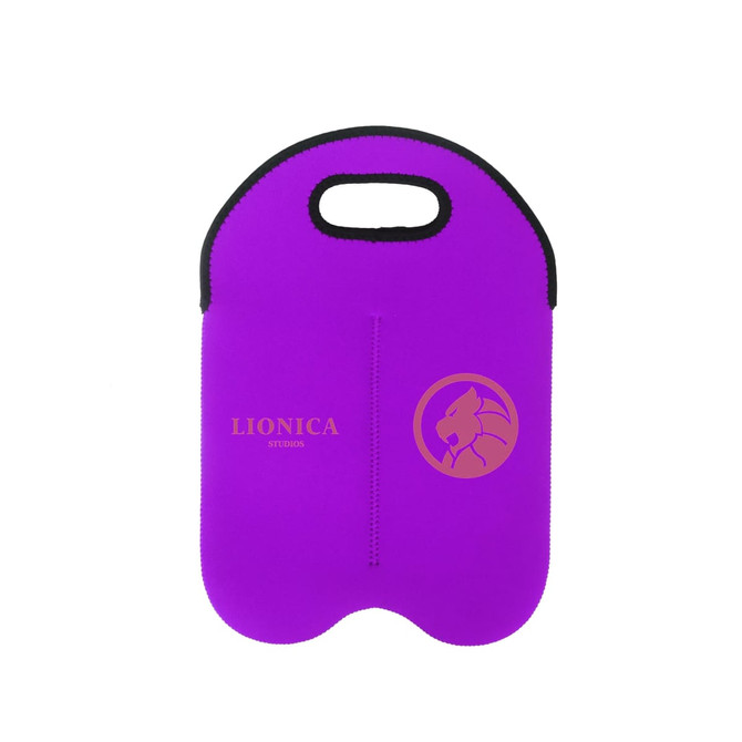 A drink bottle cooler in purple with a handle and a logo on the front. It has a dual bottle capacity design.