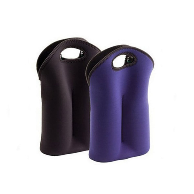 A drink bottle cooler set with a black and a purple design, featuring handles and a sleek, modern shape.
