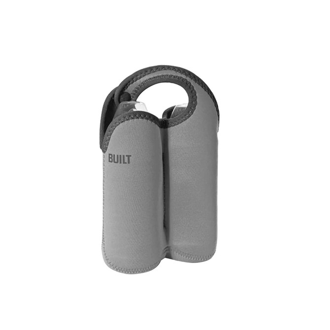 A drink bottle cooler in grey with a snap handle, designed to hold two bottles securely. Includes a branding logo.
