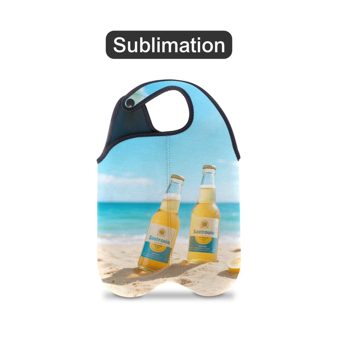 A drink bottle cooler in blue with a snap handle, featuring two bottles against a beach background and a logo.